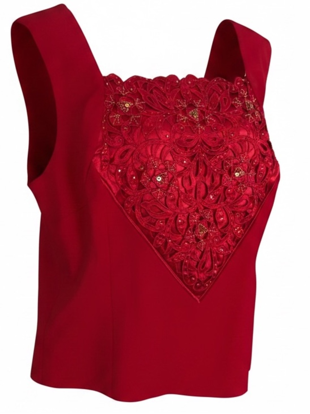 Donna Vinci Red Square Neck Blouse Top with Elaborate Lace & Sequin Bib